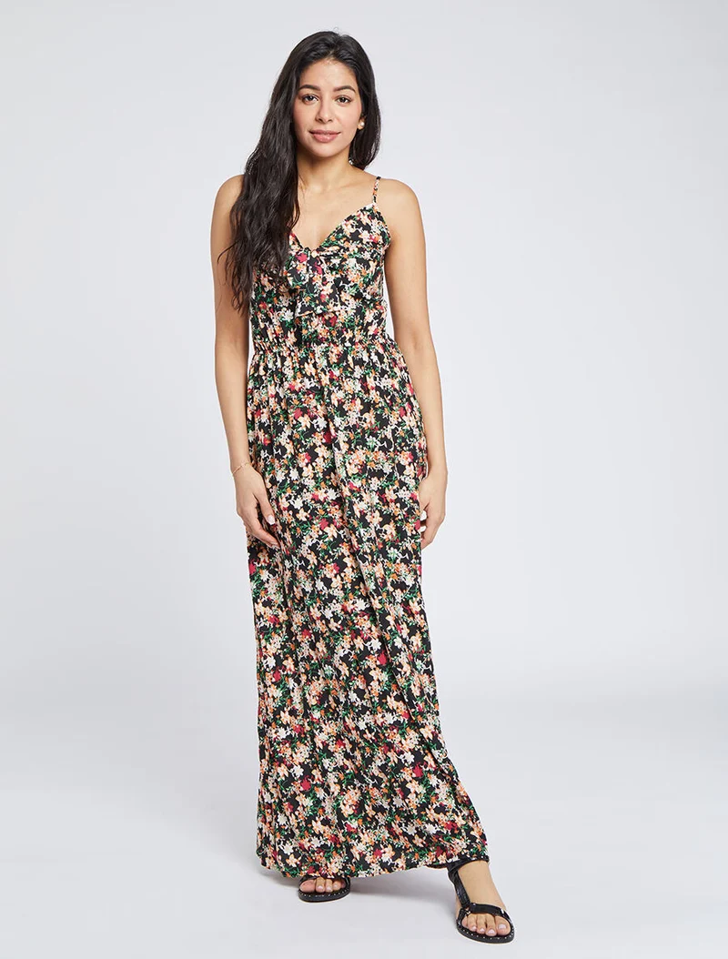Robe longue imprimé multi-fleurs coupe empire - Noir
