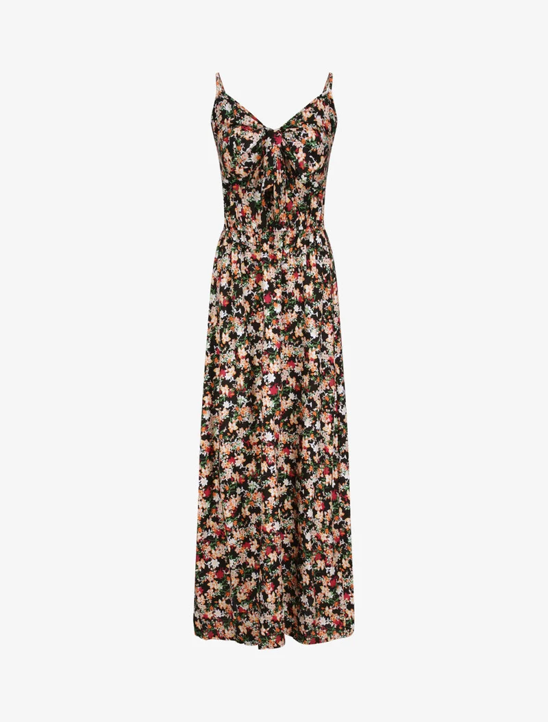 Robe longue imprimé multi-fleurs coupe empire - Noir