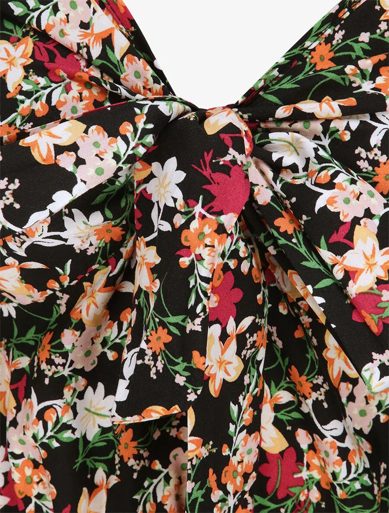 Robe longue imprimé multi-fleurs coupe empire - Noir