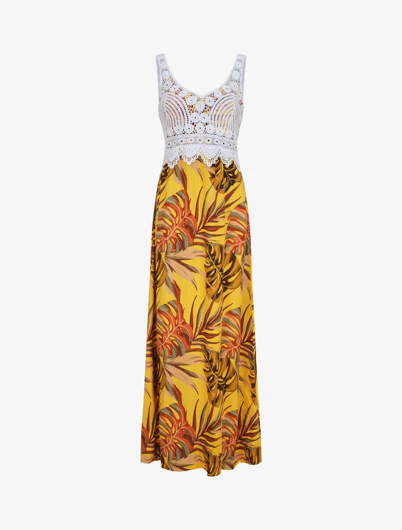 Robe longue imprimé feuilles exotiques et crochet - Jaune