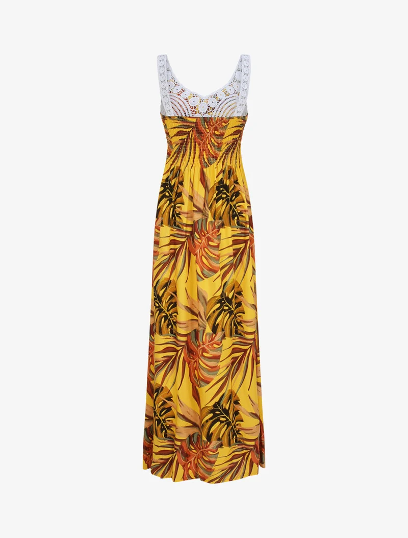Robe longue imprimé feuilles exotiques et crochet - Jaune