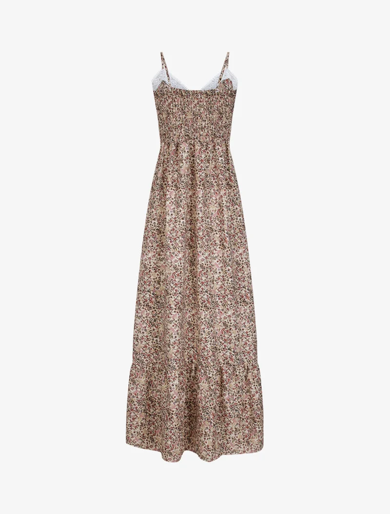 Robe longue imprimé petites fleurs à col V en dentelle - Beige