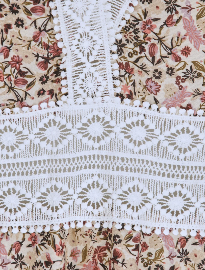 Robe longue imprimé petites fleurs à col V en dentelle - Beige