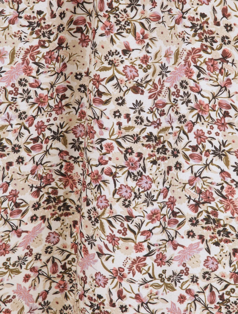 Robe longue imprimé petites fleurs à col V en dentelle - Beige