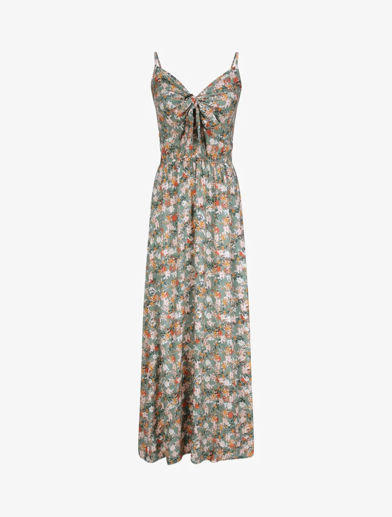 Robe longue imprimé multi-fleurs coupe empire - Kaki