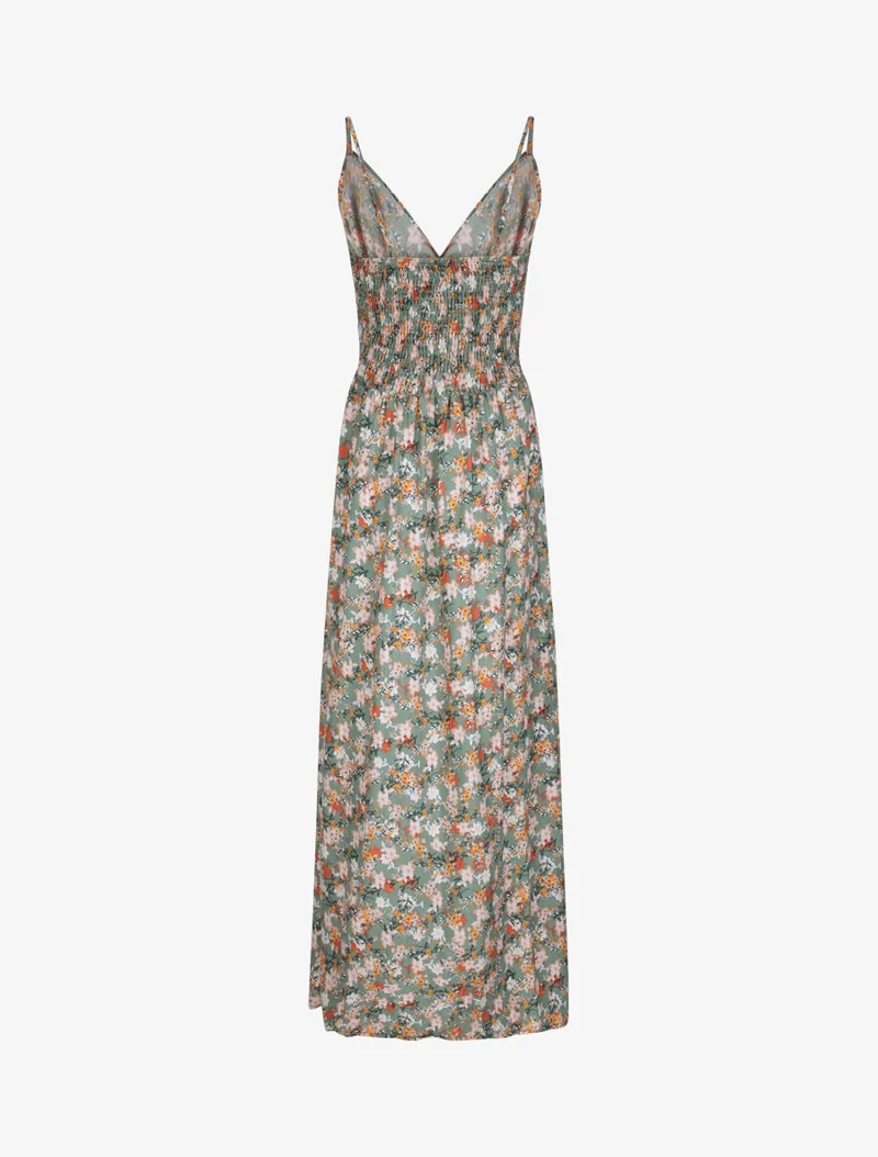 Robe longue imprimé multi-fleurs coupe empire - Kaki