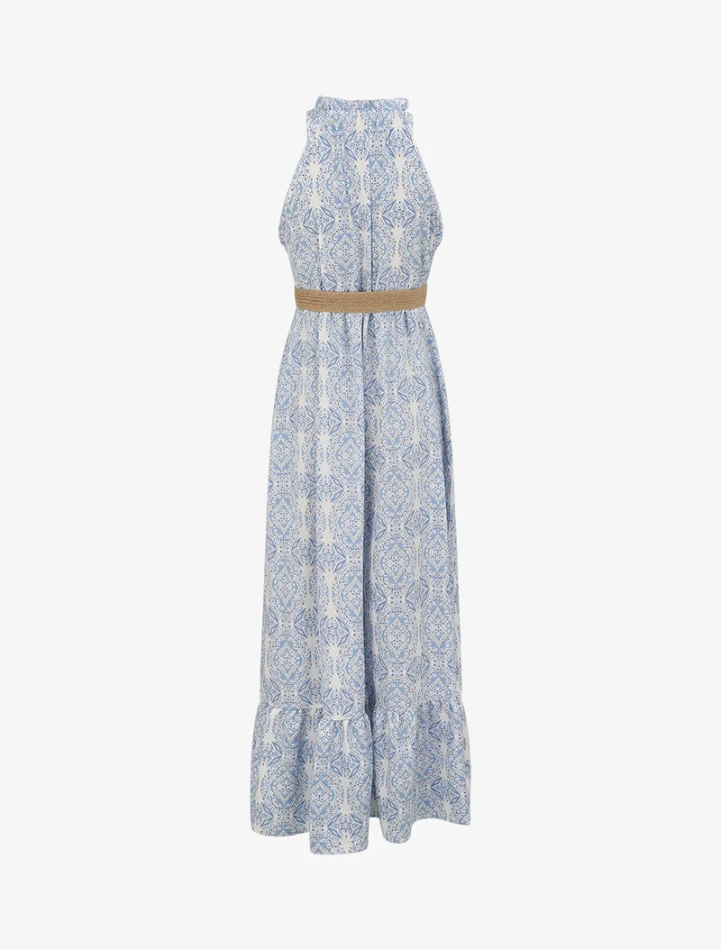 Robe longue évasée imprimé faïence fleurie - Bleu