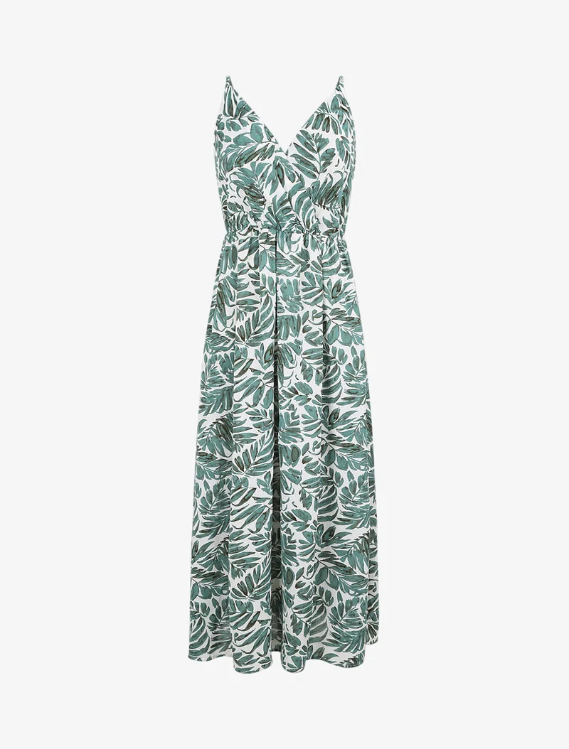 Robe longue empire imprimé feuillages à bretelles - Vert