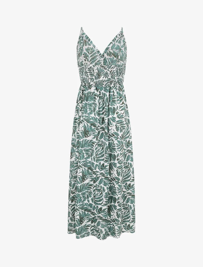 Robe longue empire imprimé feuillages à bretelles - Vert