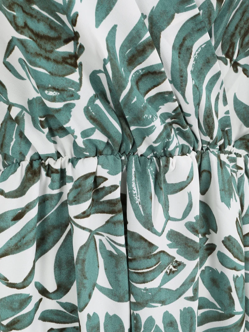 Robe longue empire imprimé feuillages à bretelles - Vert