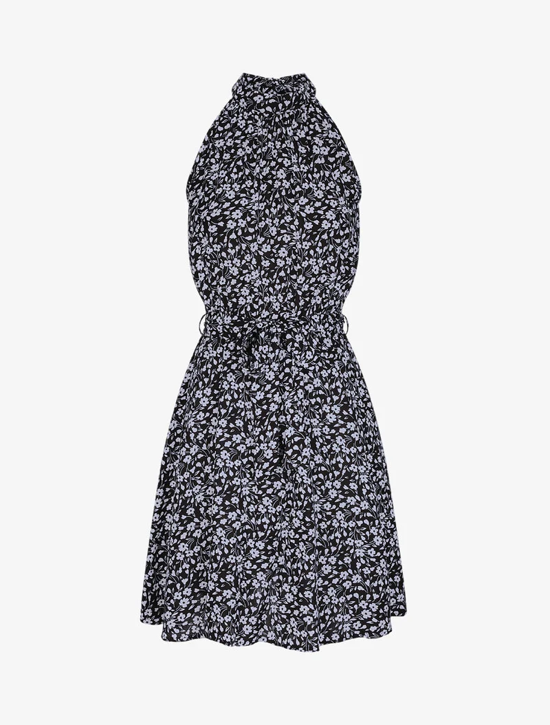 Robe cintrée imprimé petites fleurs à col américain - Noir