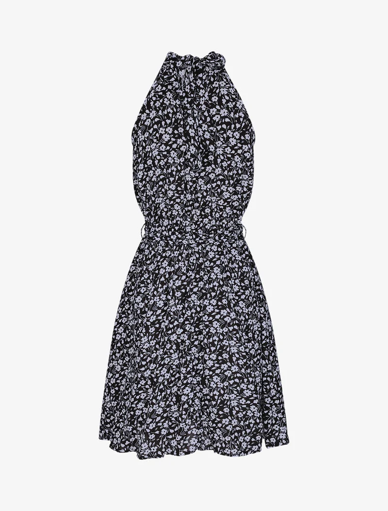 Robe cintrée imprimé petites fleurs à col américain - Noir