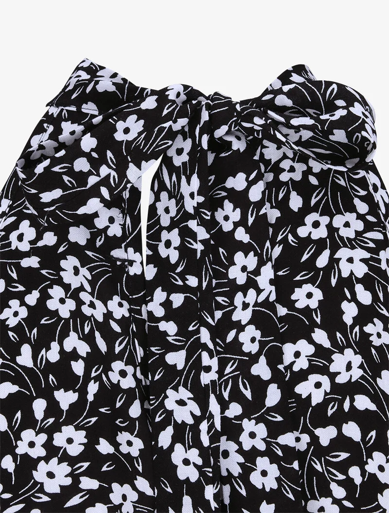 Robe cintrée imprimé petites fleurs à col américain - Noir