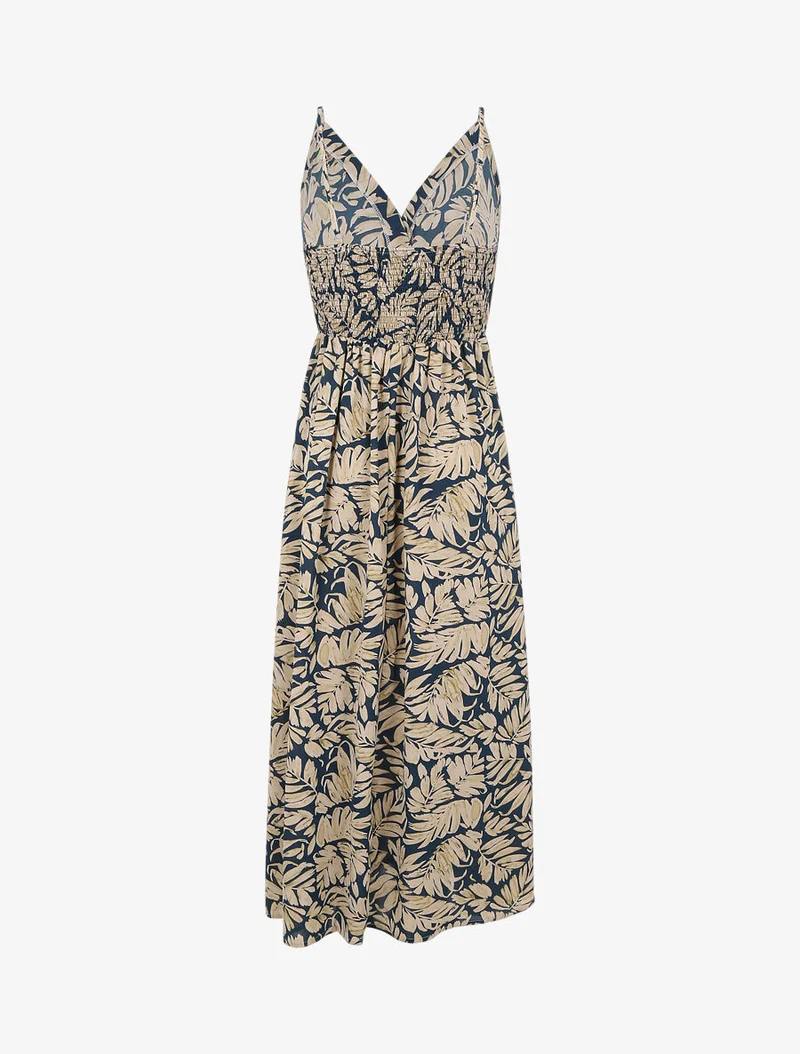 Robe longue empire imprimé feuillages à bretelles - Bleu