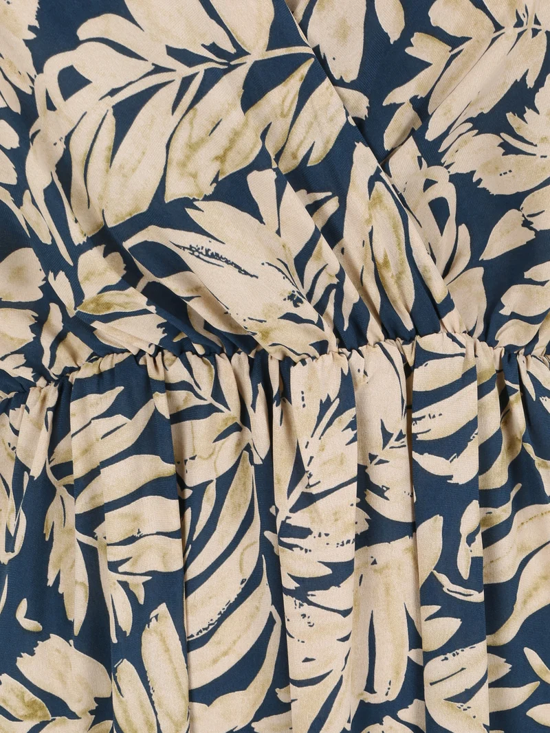 Robe longue empire imprimé feuillages à bretelles - Bleu