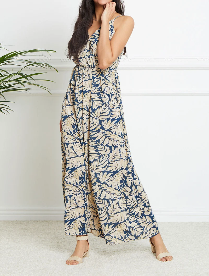 Robe longue empire imprimé feuillages à bretelles - Bleu