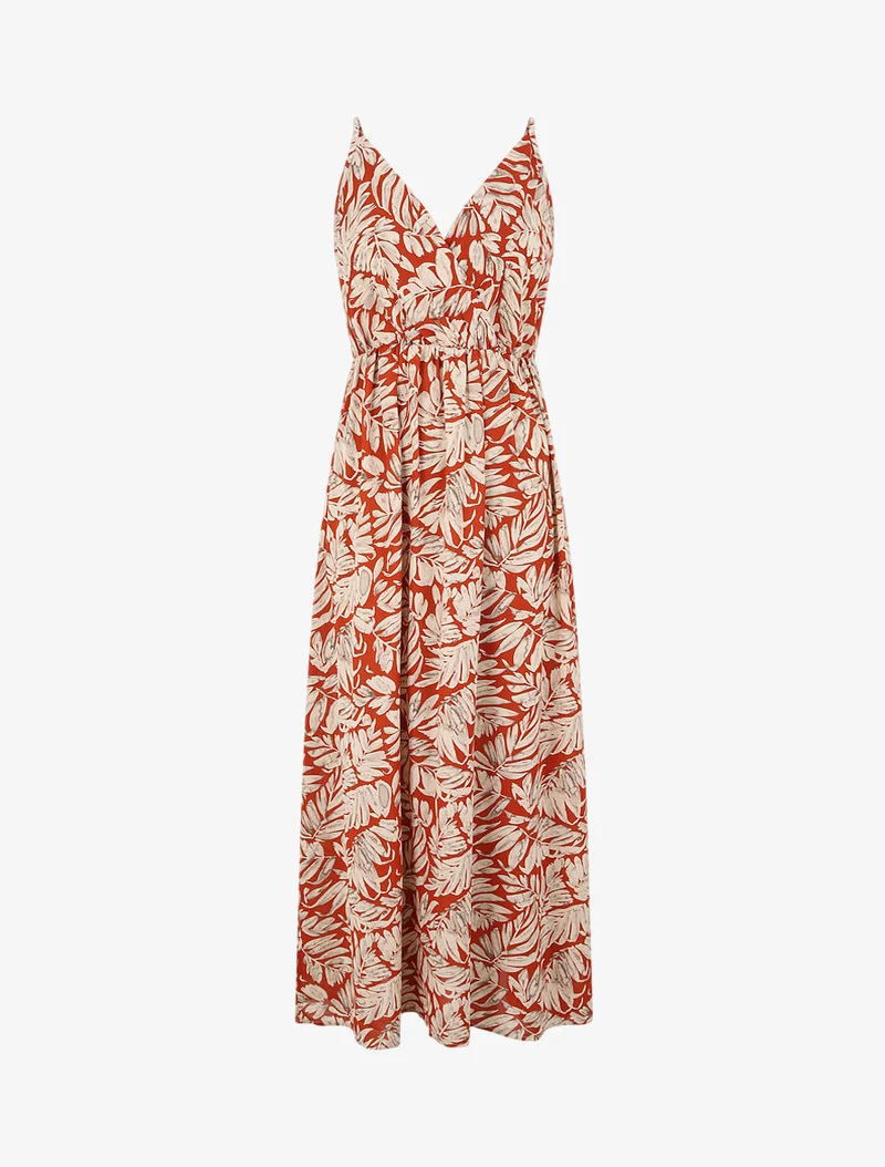 Robe longue empire imprimé feuillages à bretelles - Rouille