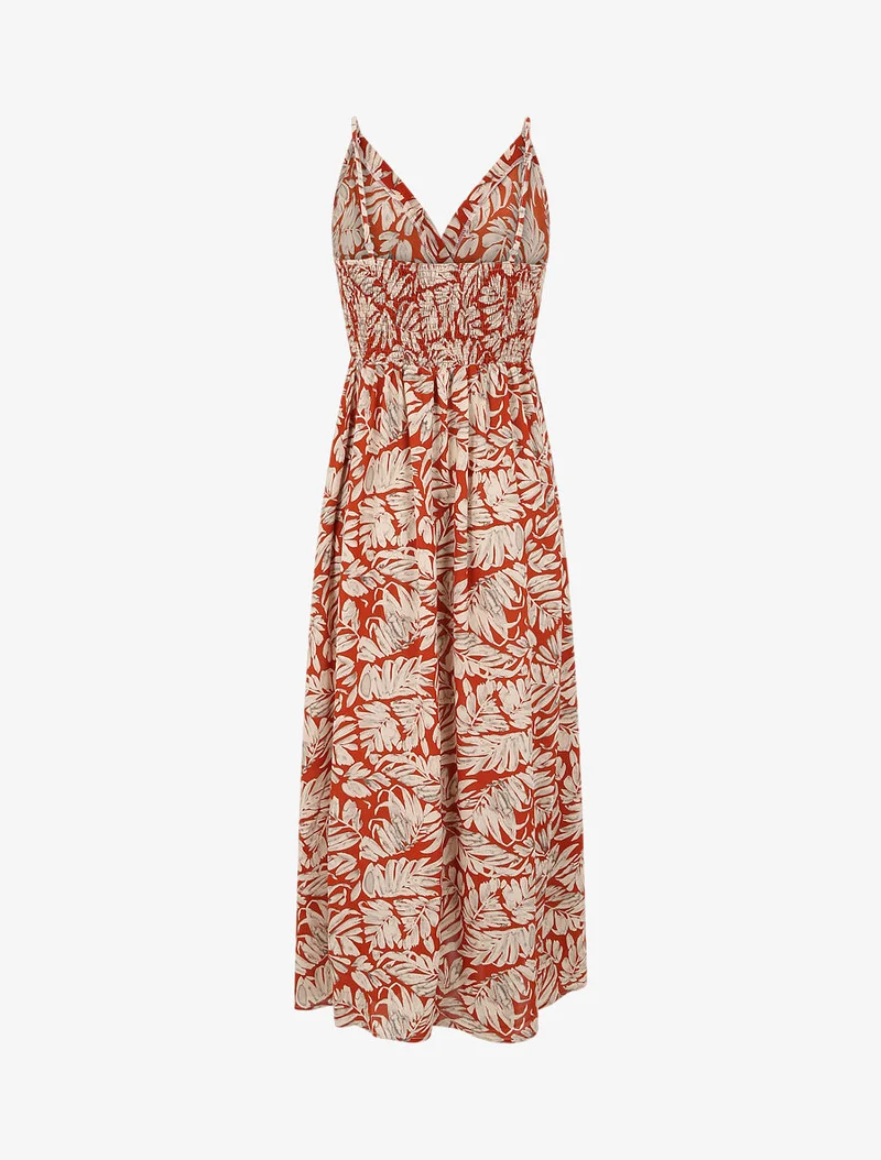 Robe longue empire imprimé feuillages à bretelles - Rouille
