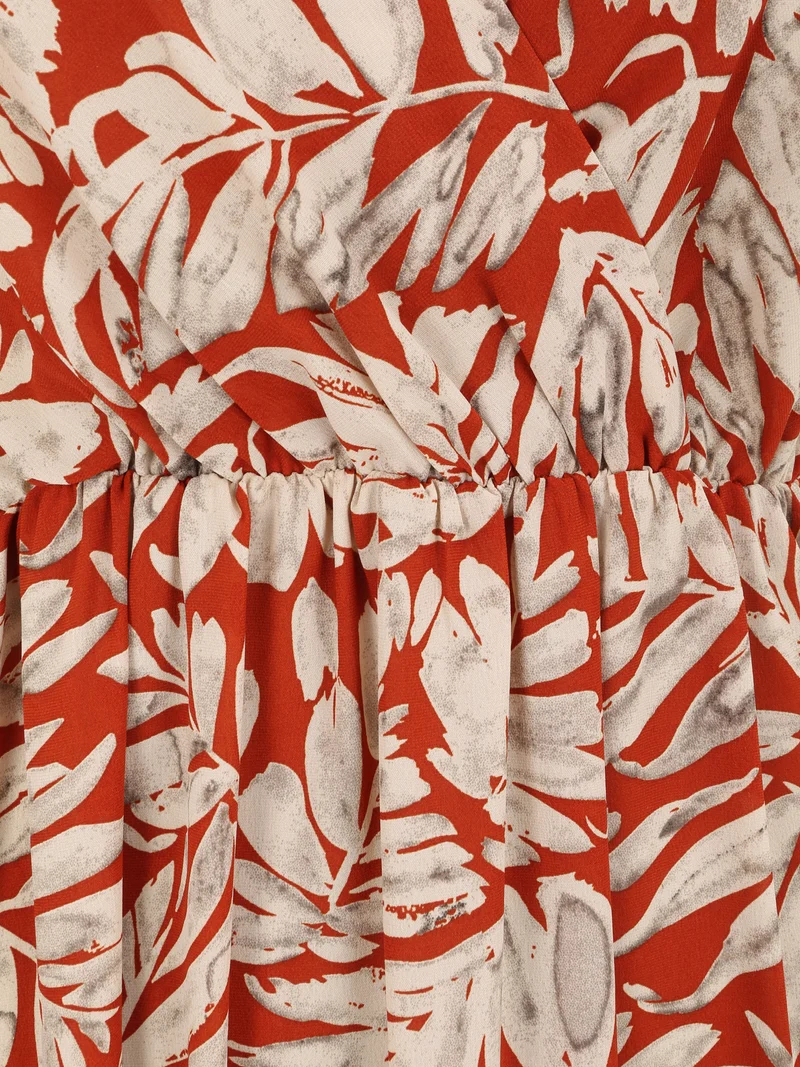 Robe longue empire imprimé feuillages à bretelles - Rouille