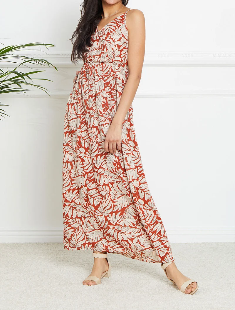 Robe longue empire imprimé feuillages à bretelles - Rouille