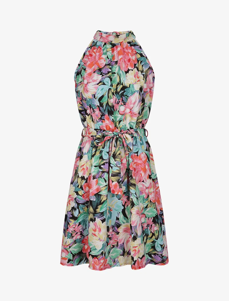 Robe cintrée imprimé grandes fleurs à col américain - Noir