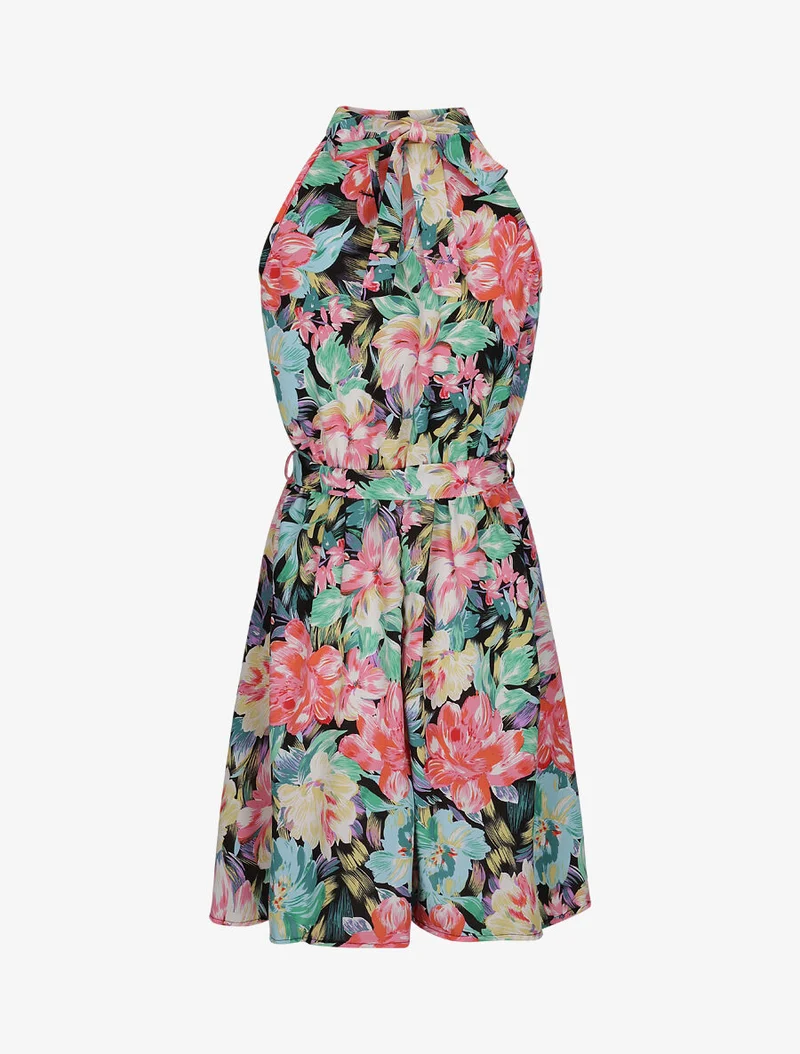 Robe cintrée imprimé grandes fleurs à col américain - Noir