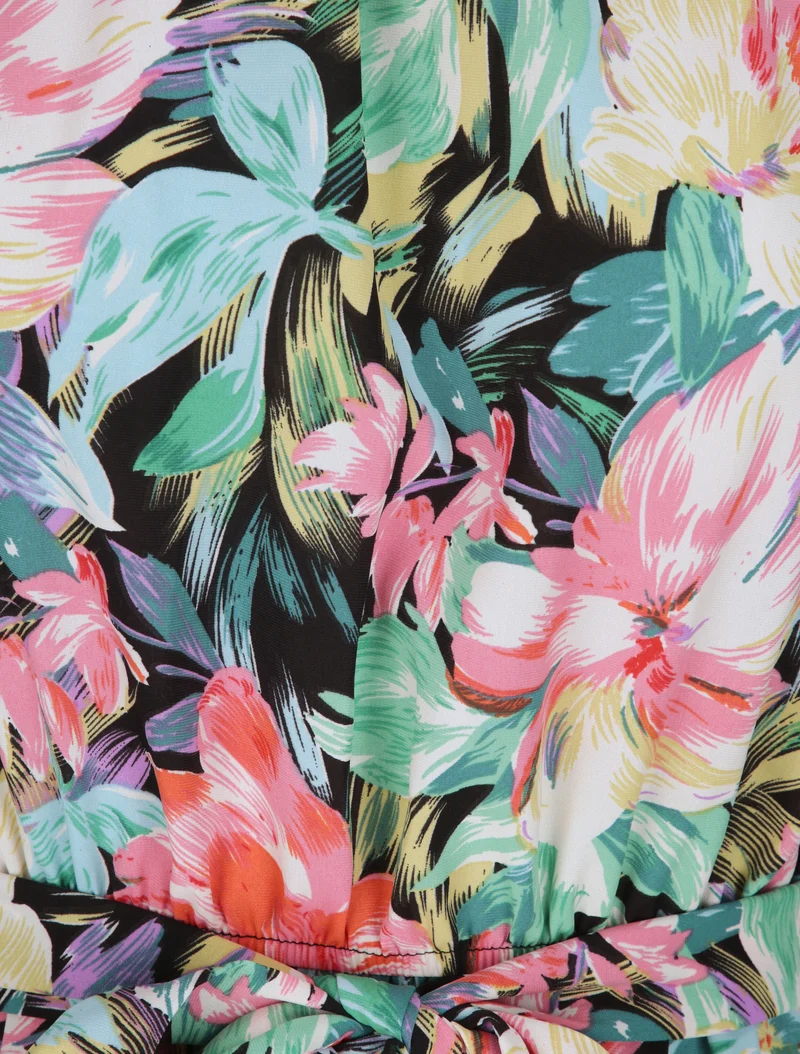 Robe cintrée imprimé grandes fleurs à col américain - Noir