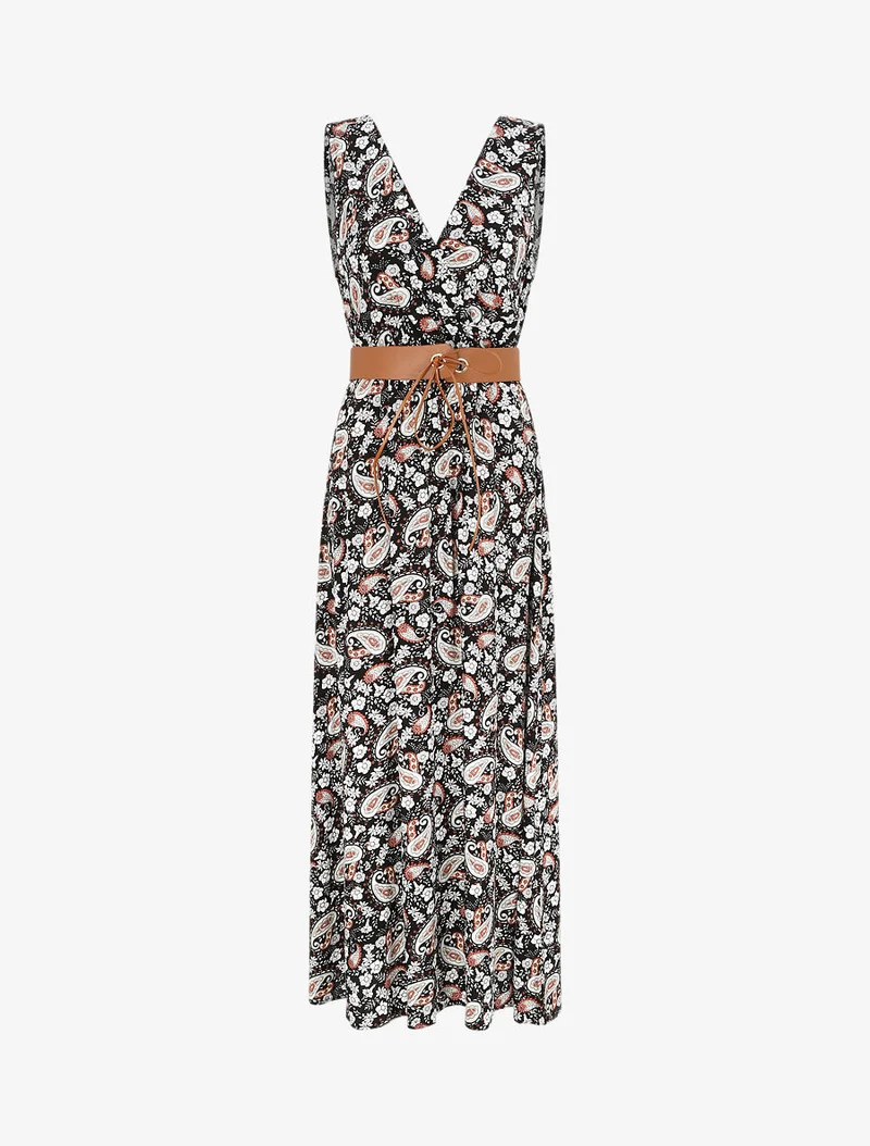 Robe longue empire sans manches imprimé cachemire - Noir