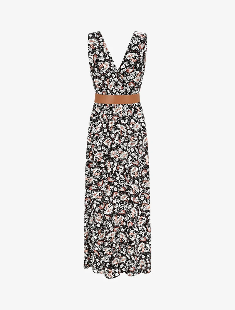 Robe longue empire sans manches imprimé cachemire - Noir