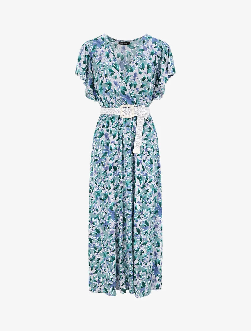 Robe longue empire à manches volantées imprimé aquarelle florale - Vert/bleu