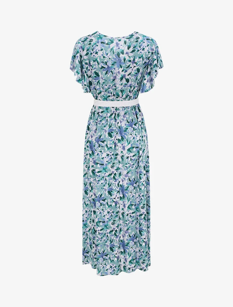 Robe longue empire à manches volantées imprimé aquarelle florale - Vert/bleu