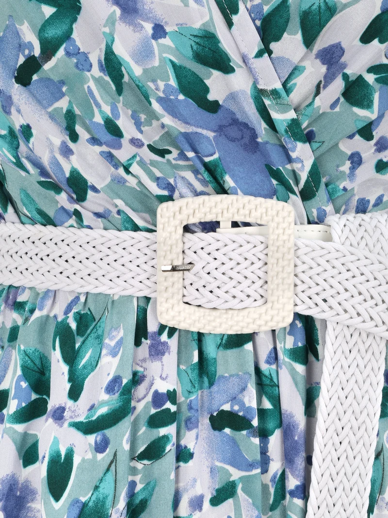 Robe longue empire à manches volantées imprimé aquarelle florale - Vert/bleu