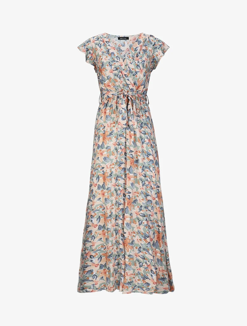 Robe longue empire à épaules volantées imprimé aquarelle florale - Vert olive