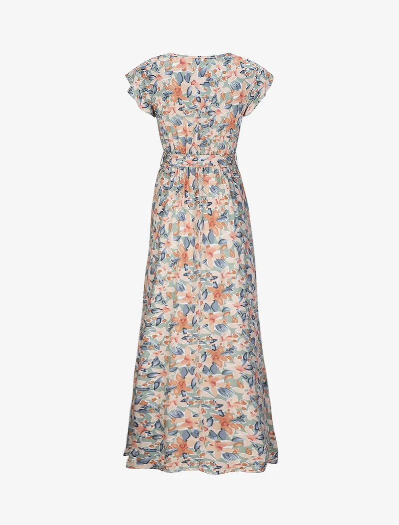 Robe longue empire à épaules volantées imprimé aquarelle florale - Vert olive