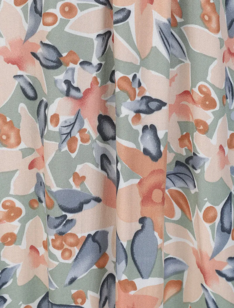 Robe longue empire à épaules volantées imprimé aquarelle florale - Vert olive