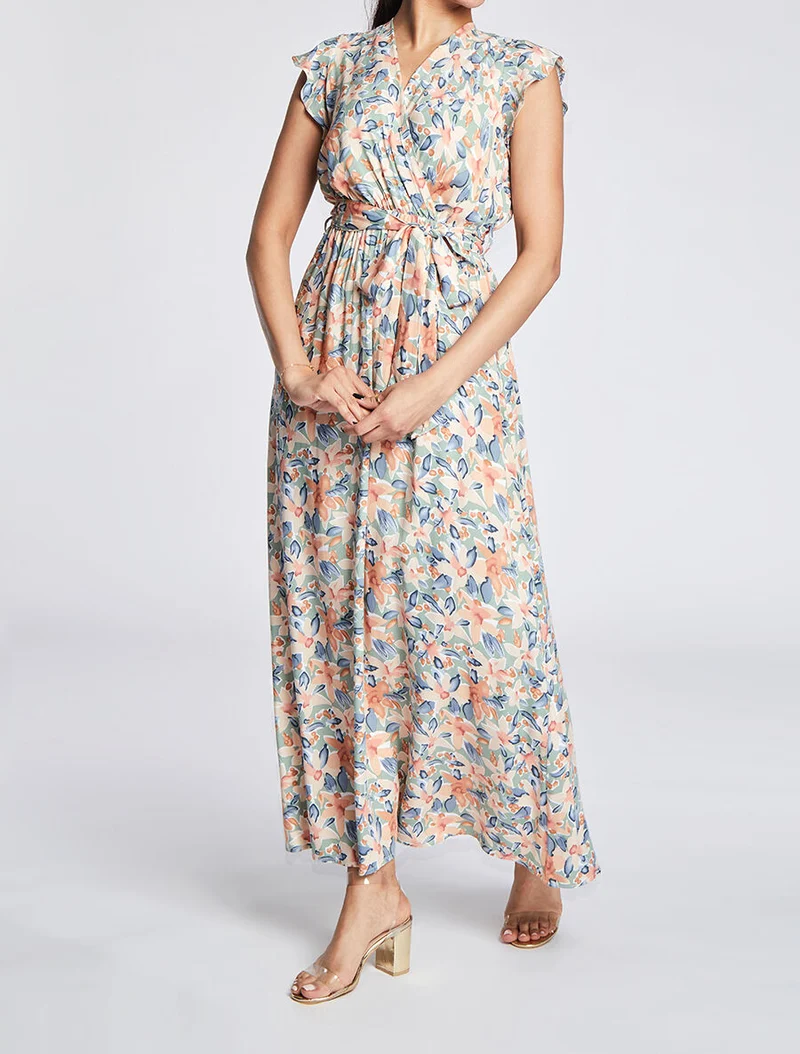 Robe longue empire à épaules volantées imprimé aquarelle florale - Vert olive