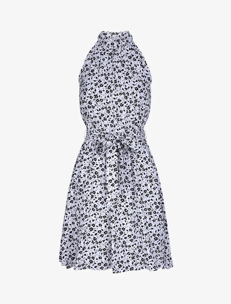 Robe cintrée imprimé petites fleurs à col américain - Blanc