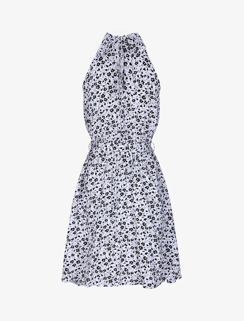 Robe cintrée imprimé petites fleurs à col américain - Blanc
