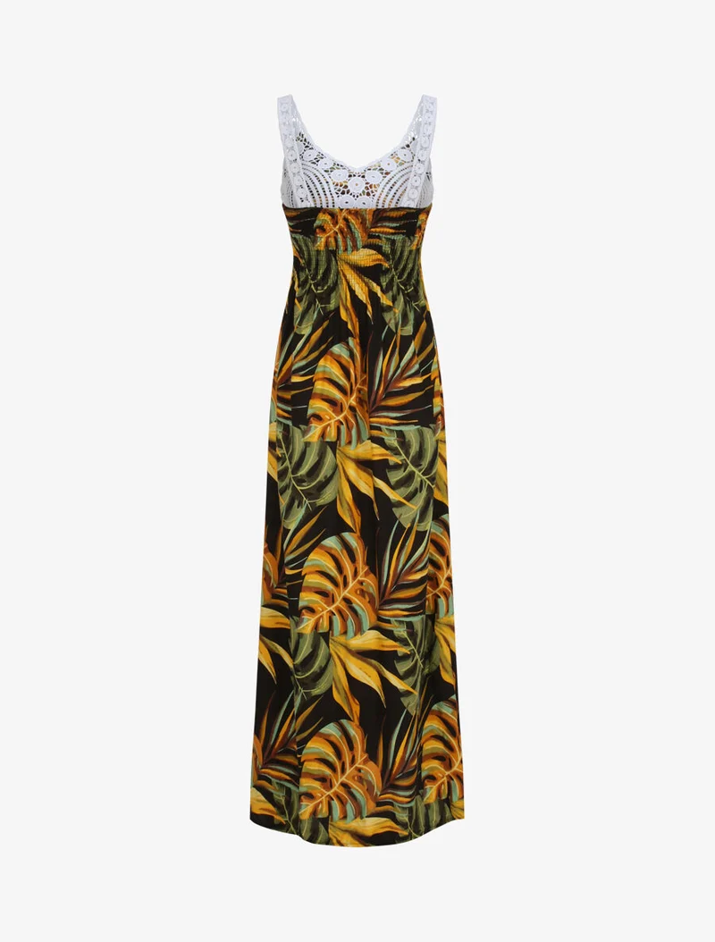 Robe longue imprimé feuilles exotiques et crochet - Noir