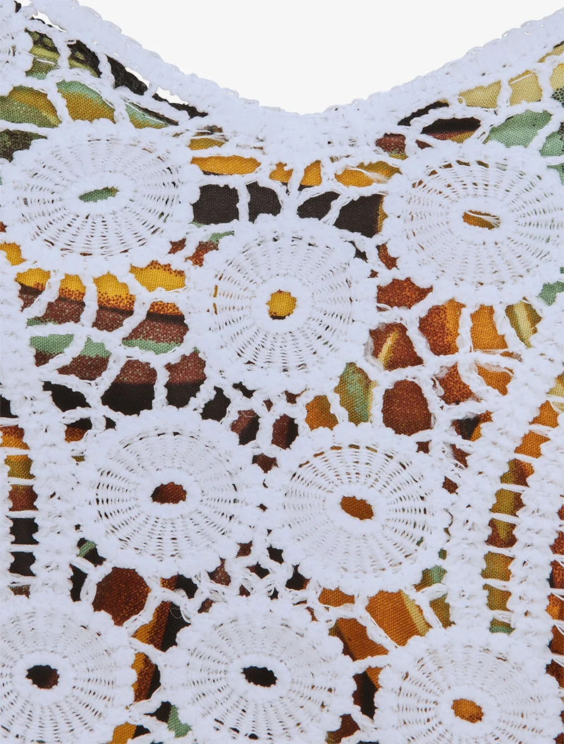 Robe longue imprimé feuilles exotiques et crochet - Noir