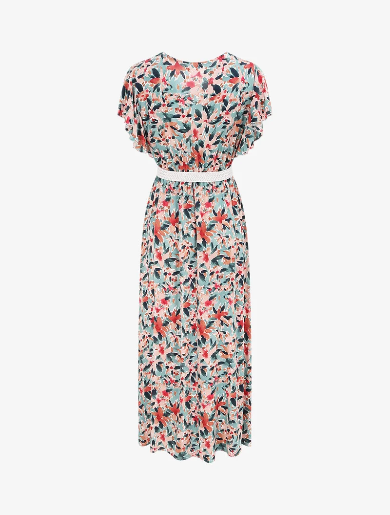 Robe longue empire à manches volantées imprimé aquarelle florale - Vert/rose