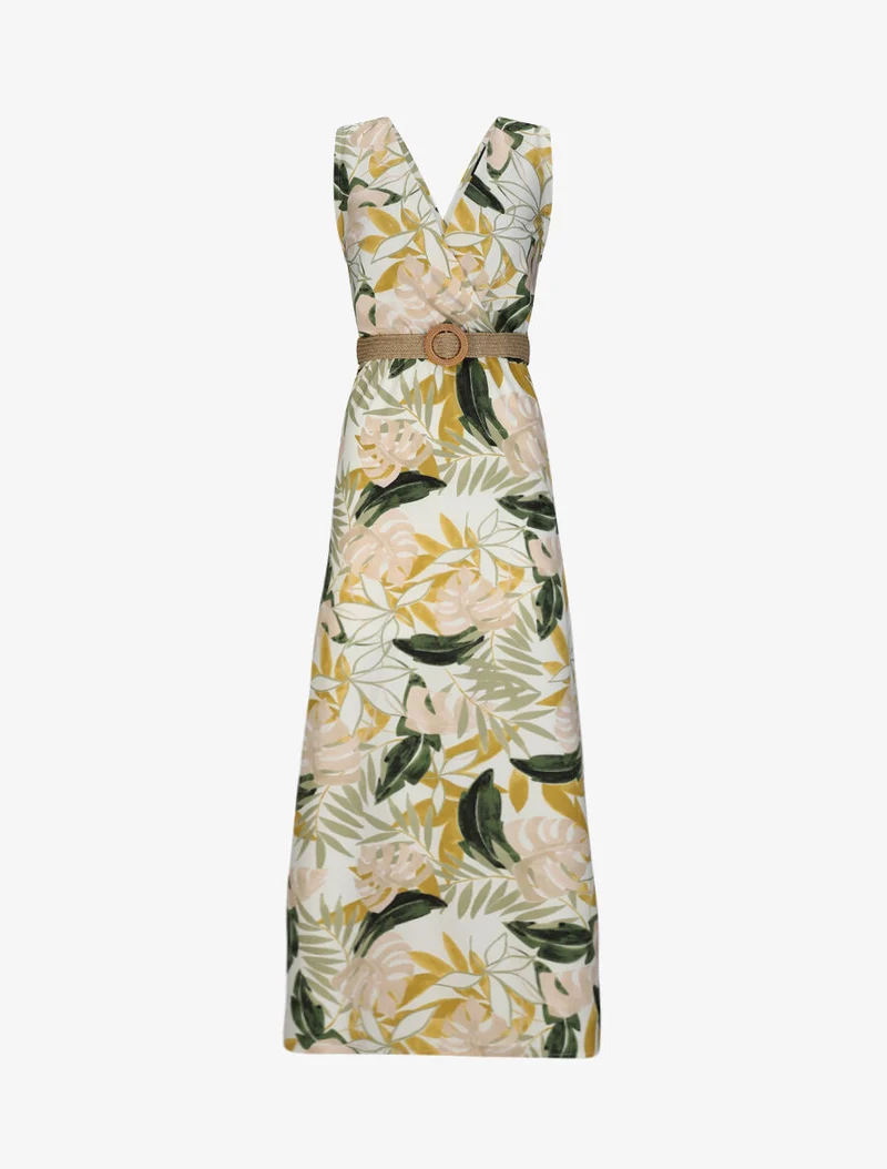 Robe longue empire sans manches imprimé tropical - Écru