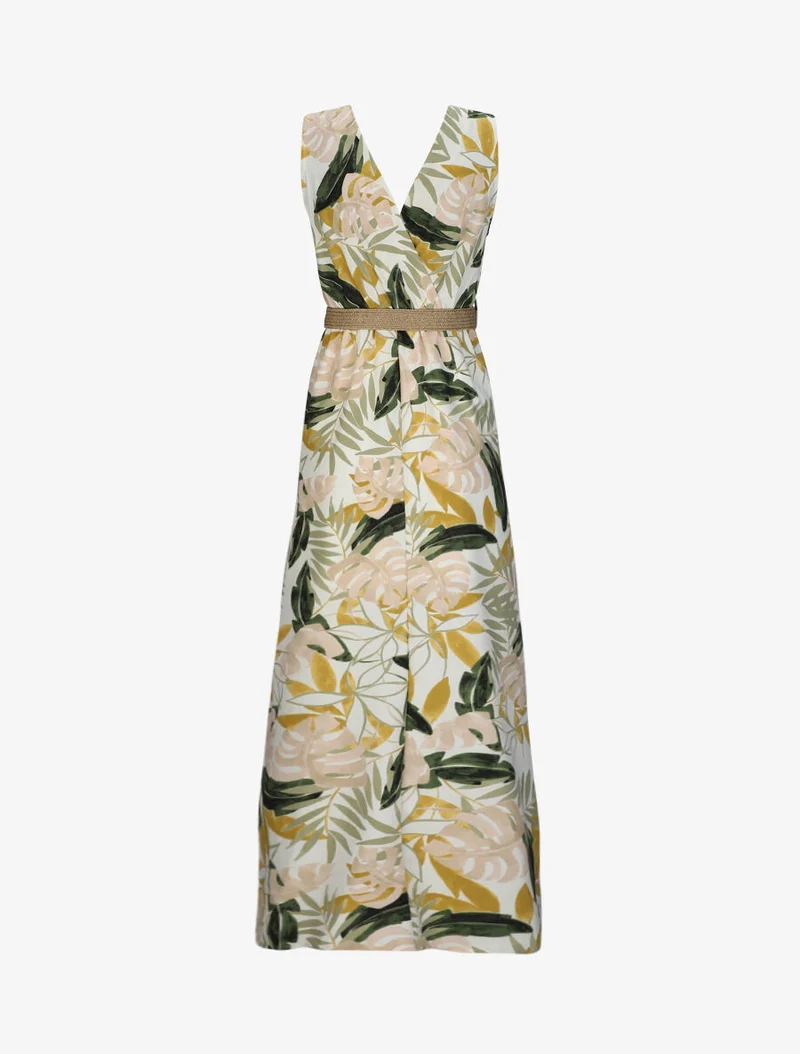 Robe longue empire sans manches imprimé tropical - Écru