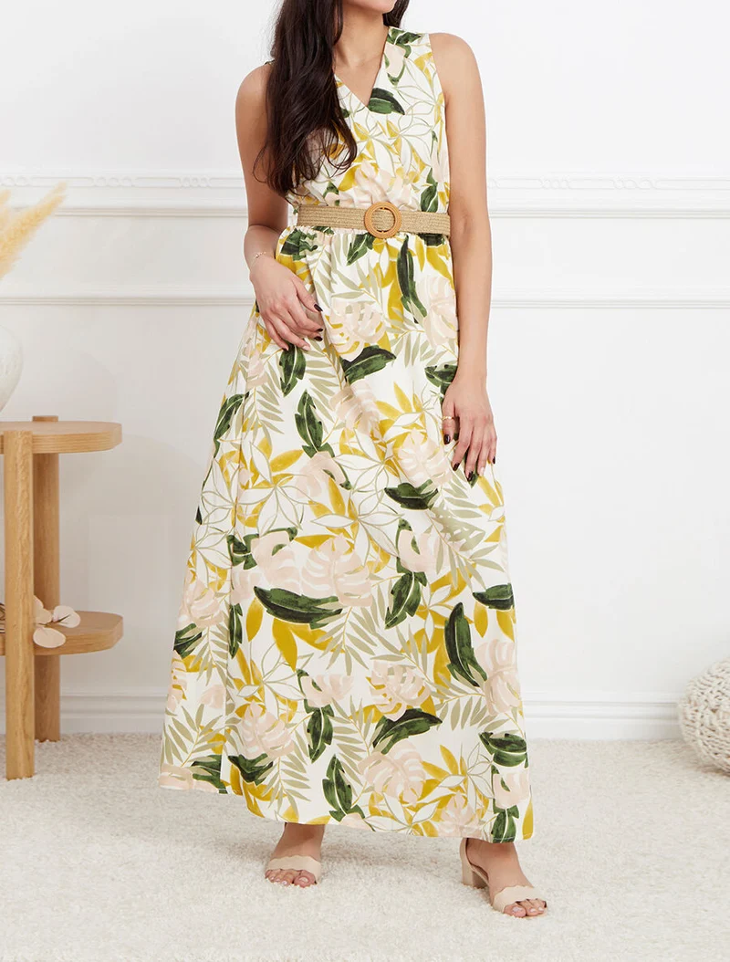Robe longue empire sans manches imprimé tropical - Écru