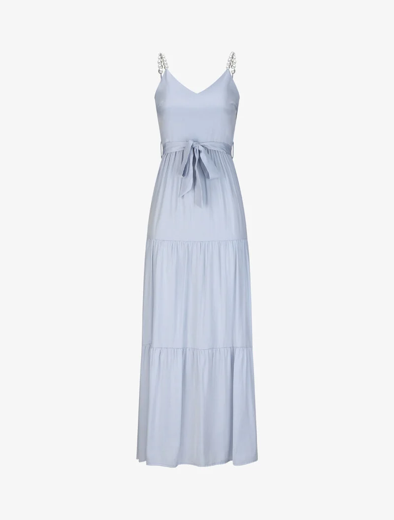 Robe longue empire unie à bretelles à perles - Bleu clair