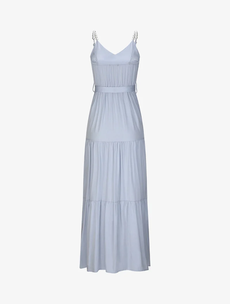 Robe longue empire unie à bretelles à perles - Bleu clair