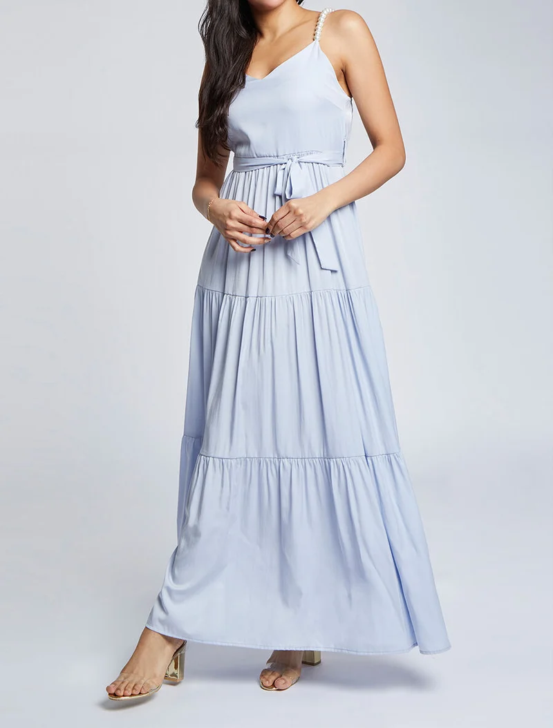 Robe longue empire unie à bretelles à perles - Bleu clair
