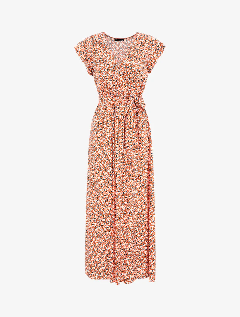 Robe longue empire à épaules volantées imprimé marguerites stylisées - Orange