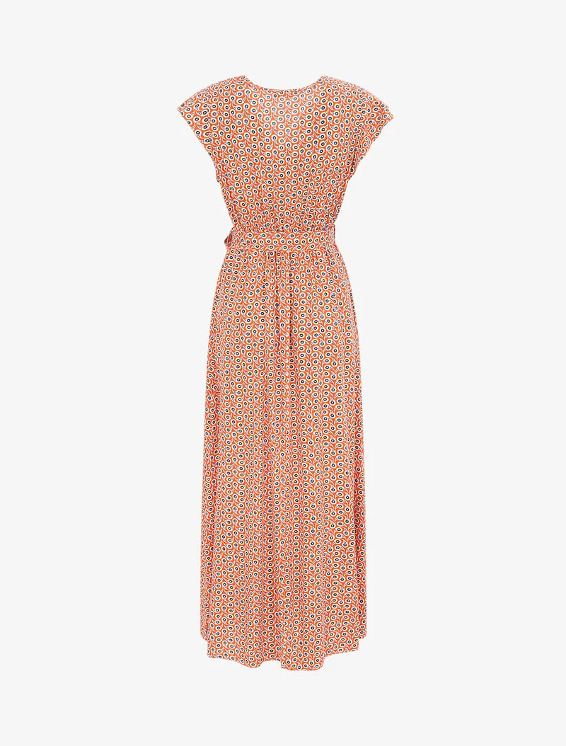 Robe longue empire à épaules volantées imprimé marguerites stylisées - Orange