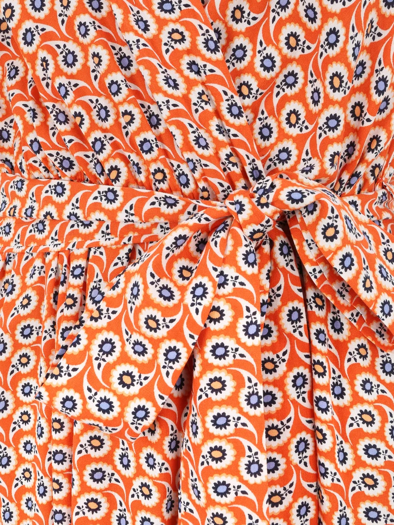 Robe longue empire à épaules volantées imprimé marguerites stylisées - Orange